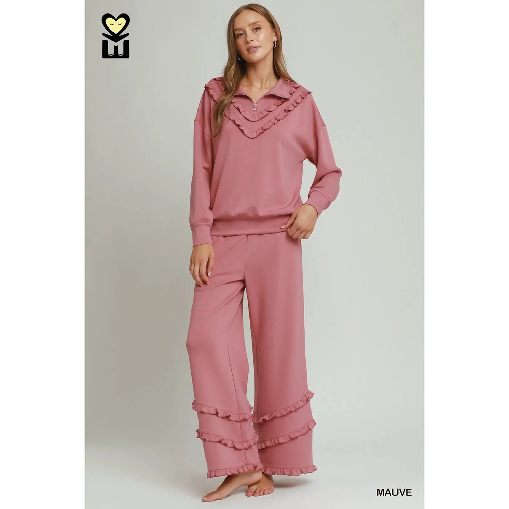 H1034-TP MAUVE Umgee MOHMe Ruffle Drawstring Bottom & Qrtr Zip Top Var Sizes - Picture 9 of 11